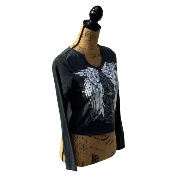 Romwe S Long Sleeve Graphic Top Angel Wings Black Stretch Tee Women S - Picture 4 of 12